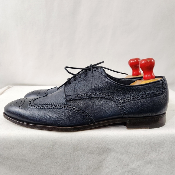 HENDERSON BARACCO Deer Leather Navy Blue Wingtip Derby Made Italy 43.5 IT / 10.5 - Picture 4 of 11